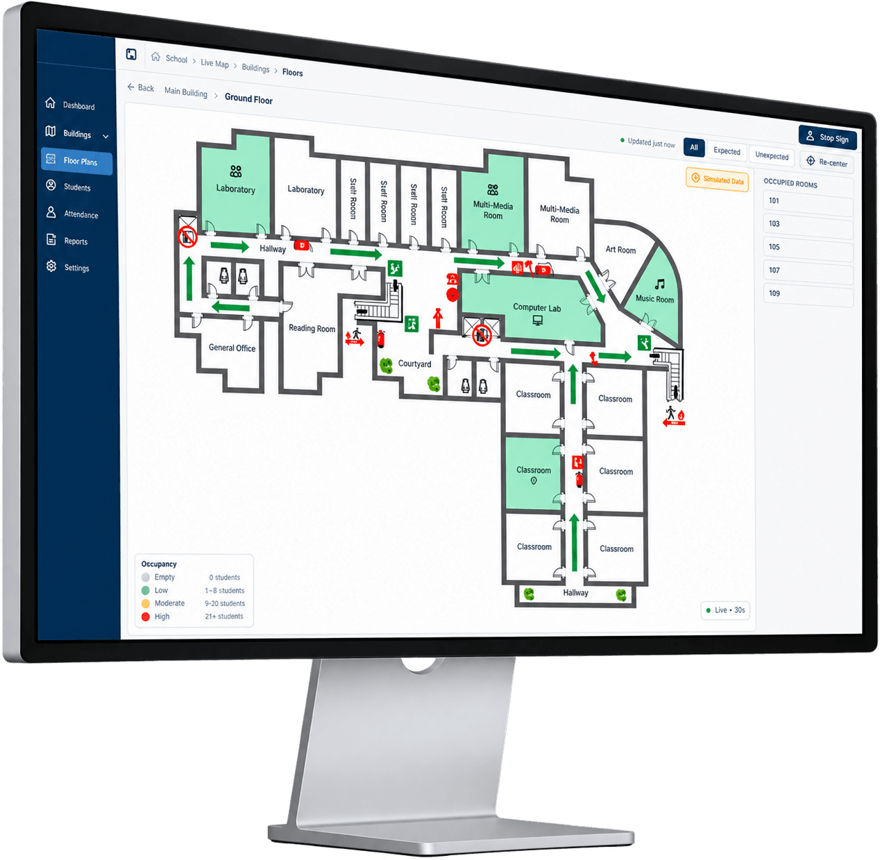 Talee's Live Map showing a school floor plan with each room shaded by how many students are inside, a list of occupied rooms, and an occupancy legend.